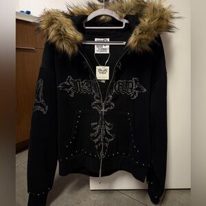 Named Collective Feral Faux Detachable Fur Studded Zip Up Hoodie Black XS